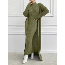 We&Me Kadın Triko Uzun Elbise Fitilli Saç Örgü Desen Boğazlı Slim Kalıp