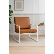 Azra Mobilya Iskandinav Deri Berjer – Beyaz Metal Ayaklı Modern Tekli Koltuk - Taba