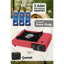 Meleni Home Portatif Kamp Ocağı - Taşıma Çantalı Gazlı Stop Emniyetli Kırmızı Kamp Ocağı ve 3 Adet 227 gr Kartuş