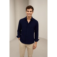 Bürke Yazlık Keten Dokulu Uzun Kollu Lacivert Yarım Oversize Erkek Gömlek