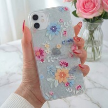 Fibaks Apple iPhone 12-12 Pro Uyumlu Kılıf Mavi Simli Çiçek Desenli Renkli Parlak Darbe Emici Kapak