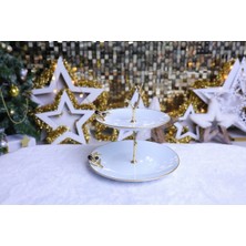 Elta Collection Metal Ayaklı Yaldızlı Katlı Porselen Sunumluk Kurabiyelik Şekerlik