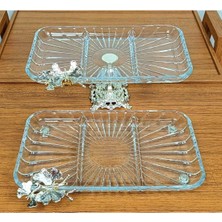 Elta Collection 2 Li Paşabahçe Kristal Metal Ayaklı Gümüş Dikdörtgen Bölmeli Pasta Sunumluk Kurabiyelik