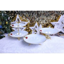 Elta Collection 3 Parça Metal Ayaklı Porselen Pasta Sunumluk Kurabiyelik Şekerlik Set