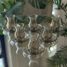 Elta Collection 6 Kişilik Füme Cam Çay Seti – Modern Tasarım Çay Bardağı ve Çay Tabağı Takımı