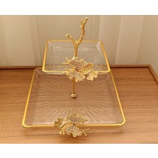 Elta Collection 2 Katlı Döküm Aksesuarlı Yaldız Detaylı Kare Servis Tabağı Sunumluk Kurabiyelik