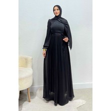 Tesettür Diyarı Siora Kuşaklı Janjan Kumaş Tesettür Abiye- Siyah