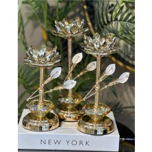 Elta Collection Kristal Taşlı Gold Şamdan 3’lü Set – Lüks Dekoratif Konsol ve Masa Aksesuarı