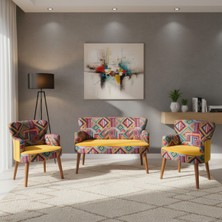 Azra Mobilya Roma Çay Seti Koltuk Takımı – Babyface Kumaş | Karışık Desen | Ceviz Ayak | Sarı