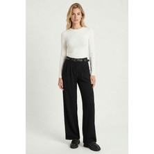 Happiness İstanbul Kemerli Geniş Paça Esnek Örme Pantolon LZV0045 Siyah