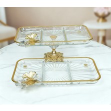 Elta Collection 2 Li Paşabahçe Kristal Metal Ayaklı Gold Yaldızlı Dikdörtgen Bölmeli Pasta Sunumluk Kurabiyelik