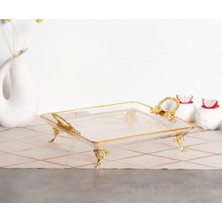 Elta Collection Paşabahçe Kristal Metal Ayaklı Yaldızlı Kare Pasta Sunumluk Kurabiyelik Tepsi
