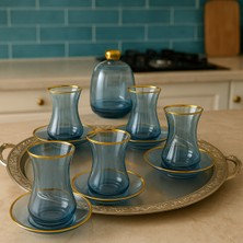 Elta Collection 13 Parça Mavi Lüster Altın Yaldızlı Cam Çay Seti – 6 Kişilik Çay Takımı Şekerlik Hediyeli