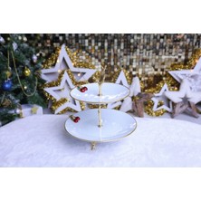 Elta Collection Metal Ayaklı Yaldızlı Katlı Porselen Sunumluk Kurabiyelik Şekerlik