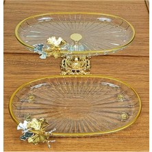 Elta Collection 2 Li Paşabahçe Kristal Metal Ayaklı Gold Yaldızlı Oval Düz Pasta Sunumluk Kurabiyelik