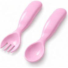 Mamajoo Eğitici Ergonomik Bebek Mama Kaşık Çatal Seti, Pembe, 6 Ay+, Ikili Set