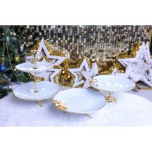 Elta Collection 3 Parça Metal Ayaklı Porselen Pasta Sunumluk Kurabiyelik Şekerlik Set