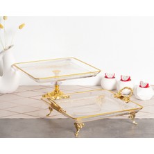 Elta Collection 2 Li Paşabahçe Kristal Metal Ayaklı Yaldızlı Kare Pasta Sunumluk Kurabiyelik