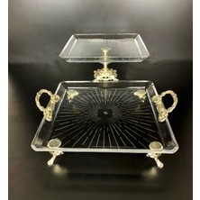 Elta Collection 2 Li Paşabahçe Kristal Gümüş Metal Ayaklı Yaldızlı Kare Pasta Sunumluk Kurabiyelik