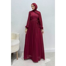 Tesettür Diyarı Siora Kuşaklı Janjan Kumaş Tesettür Abiye- Bordo