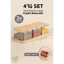 Meleni Home 3'lü Kaşıklı Bambu Kapaklı Baharatlık - Tepsili Baharat Saklama Kabı Baharat Takımı 250 ml