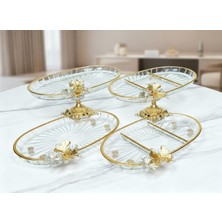 Elta Collection Yeni Seri 4 Parça Paşabahçe Gold Yaldızlı Metal Ayaklı Sunum Seti Kurabiyelik Hediyelik