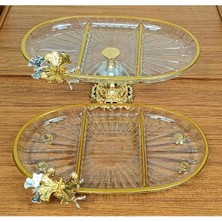 Elta Collection 2 Li Paşabahçe Kristal Metal Ayaklı Gold Yaldızlı Oval Bölmeli Pasta Sunumluk Kurabiyelik