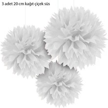 Pandoli Beyaz Renk Pelur Kağıt Ponpon Çiçek Asma Süs 25 cm 3 Adet Gösteri Yılbaşı