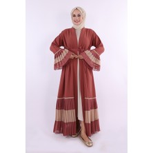 Bym Fashion Kol ve Etek Ucu İki Renkli Bel Kuşaklı Piliseli Abaya 7454 Gül Kurusu