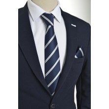 Brianze 8 Cm Beyaz Çizgili Lacivert Mendilli Kravat