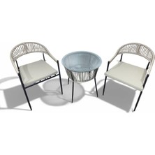 Alchair Tornamase Serisi 1. Sınıf Krem Rattan Krem Minderli Bahçe Takımı, Balkon Takımı Siyah Metal Ayak