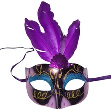 Pandoli Mor Renk Tüylü Simli Plastik Parti Maskesi 1 Adet Yılbaşı