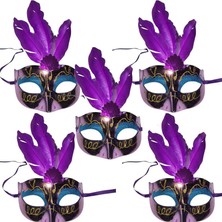 Pandoli Mor Renk Tüylü Simli Plastik Parti Maskesi 5 Adet Yılbaşı