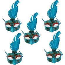 Pandoli Mavi Renk Tüylü Simli Plastik Parti Maskesi 5 Adet Yılbaşı