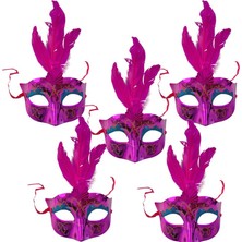 Pandoli Pembe Renk Tüylü Simli Plastik Parti Maskesi 5 Adet Yılbaşı