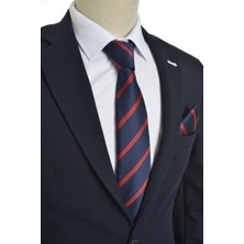 Brianze 8 Cm Kırmızı  Çizgili Lacivert Mendilli Kravat