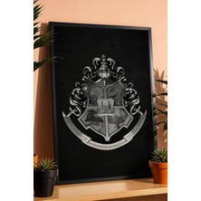 E2 Nova Hogwarts Okul Arması Çerçeveli Tablo - Lüks Metalik Gümüş Harry Potter Duvar Dekoru Siyah Ahşap