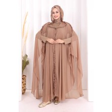 Bym Fashion Kapişonlu Belirli Kısımları Fırfır Detaylı Abayalı Elbise Takım 3778 Vizon