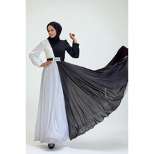 Bym Fashion İki Renkli Şifon Bel Kemer Aksesuarlı Abiye Elbise 3806 Siyah