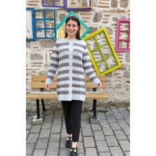 Çizgili Uzun Triko Hırka - Açık Gri