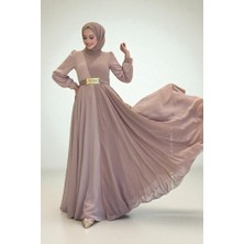 Bym Fashion İki Renkli Şifon Bel Kemer Aksesuarlı Abiye Elbise 3806 Vizon