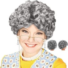 Popüler Sepet Gri Renk Kıvırcık Yaşlı Peruk Büyükanne Peruğu Astarlı Bonus