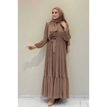 Bym Fashion Piliseli Fırfır Görünümlü Bel Kuşaklı Şifon Elbise 3628 Vizon