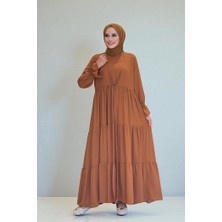 Bym Fashion Kol Lastikli Kat Görünümlü Abayalı Elbise Takım 3859 Taba