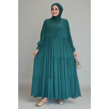 Bym Fashion Kol Lastikli Kat Görünümlü Abayalı Elbise Takım 3859 Zümrüt