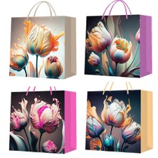 Topdan Küçük Boy Lale Desenli Karton Hediye Çantası