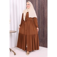 Bym Fashion Fermuarlı Kol Manşetleri Lastikli Fırfırlı Elbise 6001 Taba