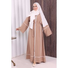 Bym Fashion Çizgi Desenli Önü Boydan Fermuarlı Bel Kuşaklı Ferace 7885 Vizon