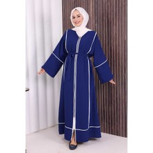 Bym Fashion Çizgi Desenli Önü Boydan Fermuarlı Bel Kuşaklı Ferace 7885 Lacivert