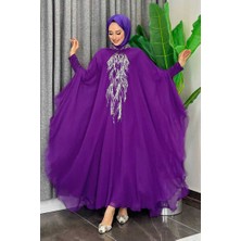 Bym Fashion Pul Payet İşlemeli Şifon Pelerinli Elbiseli Abiye Takım 3774 Mor